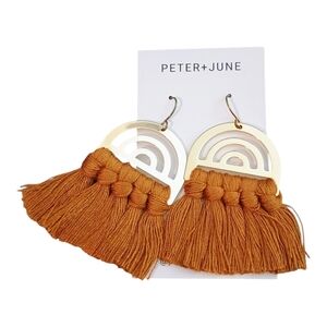 NWT Peter + June Gold Rainbow Golden Brown Tassel Fringe Earrings Boho Cotton